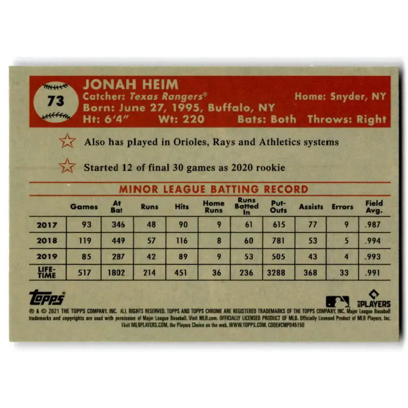 2021 Topps Chrome Platinum Anniversary #73 Jonah Heim NM-MT RC Rookie Texas Rangers Baseball Card - Baseball Card Single