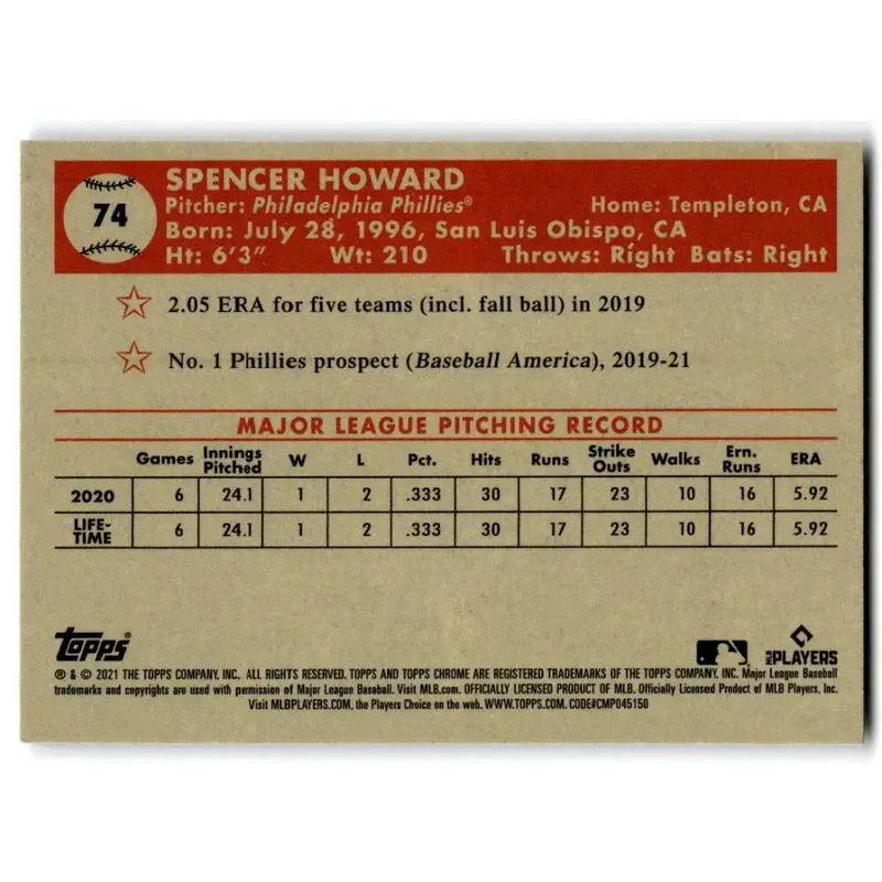 2021 Topps Chrome Platinum Anniversary #74 Spencer Howard NM-MT RC Rookie Philadelphia Phillies Baseball Card