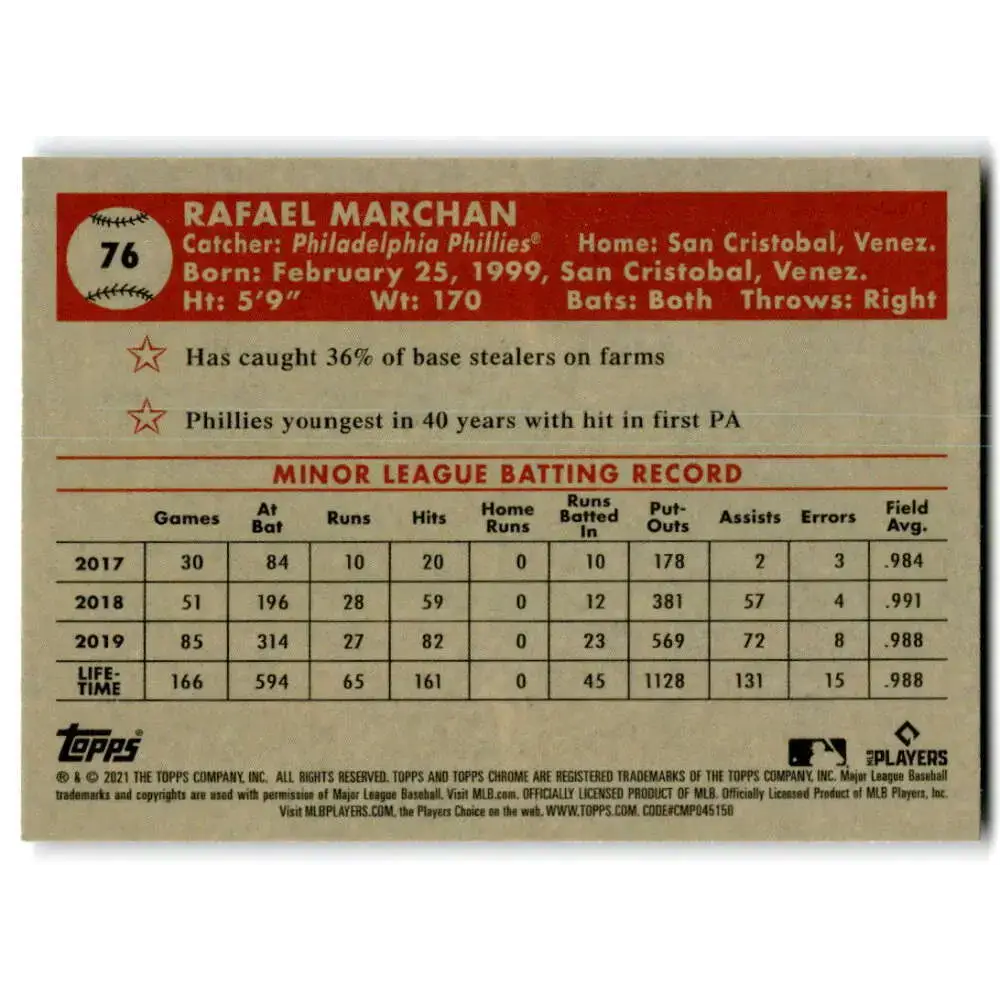 2021 Topps Chrome Platinum Anniversary #76 Rafael Marchan NM-MT RC Rookie Philadelphia Phillies Baseball Card