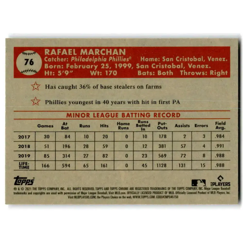 2021 Topps Chrome Platinum Anniversary #76 Rafael Marchan NM-MT RC Rookie Philadelphia Phillies Baseball Card