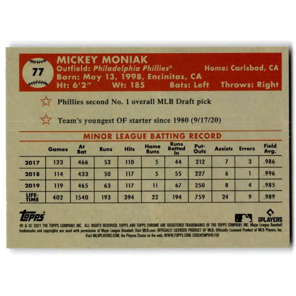 2021 Topps Chrome Platinum Anniversary #77 Mickey Moniak NM-MT RC Rookie Philadelphia Phillies Baseball Card - Baseball
