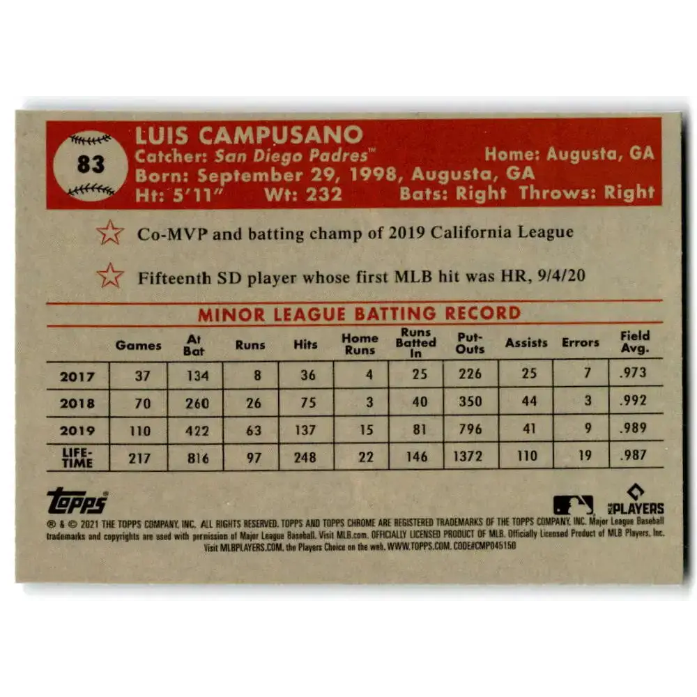 2021 Topps Chrome Platinum Anniversary #83 Luis Campusano NM-MT RC Rookie San Diego Padres Baseball Card - Baseball