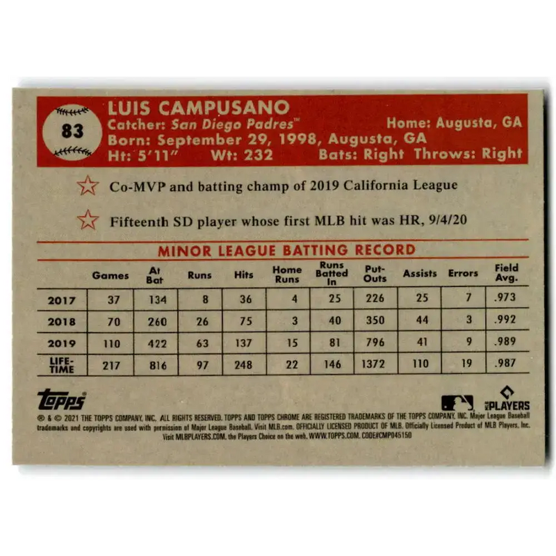 2021 Topps Chrome Platinum Anniversary #83 Luis Campusano NM-MT RC Rookie San Diego Padres Baseball Card - Baseball