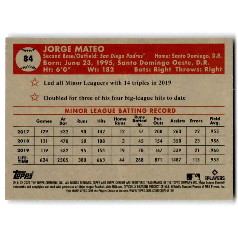 2021 Topps Chrome Platinum Anniversary #84 Jorge Mateo NM-MT RC Rookie San Diego Padres Baseball Card - Baseball Card
