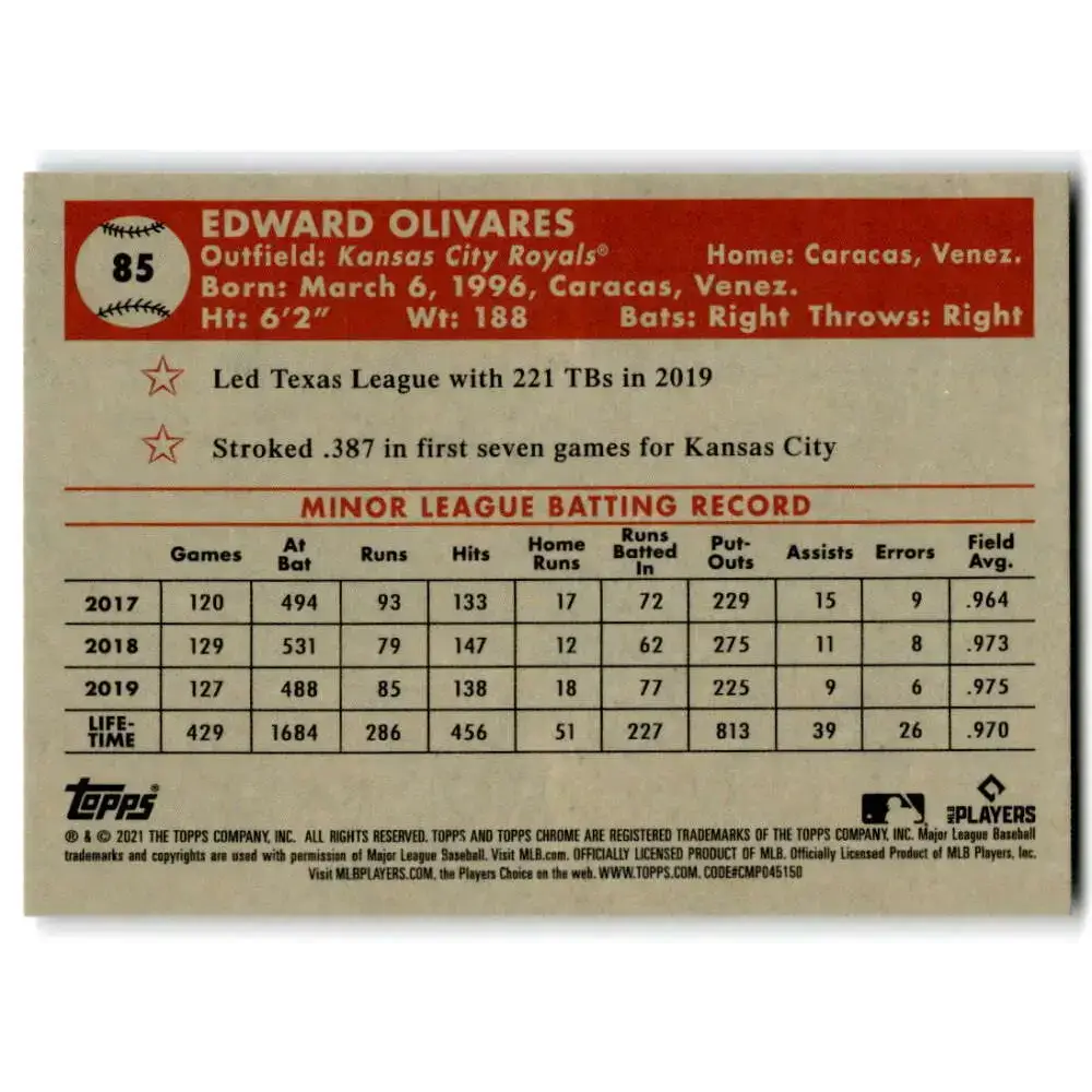 2021 Topps Chrome Platinum Anniversary #85 Edward Olivares NM-MT RC Rookie Kansas City Royals Baseball Card - Baseball