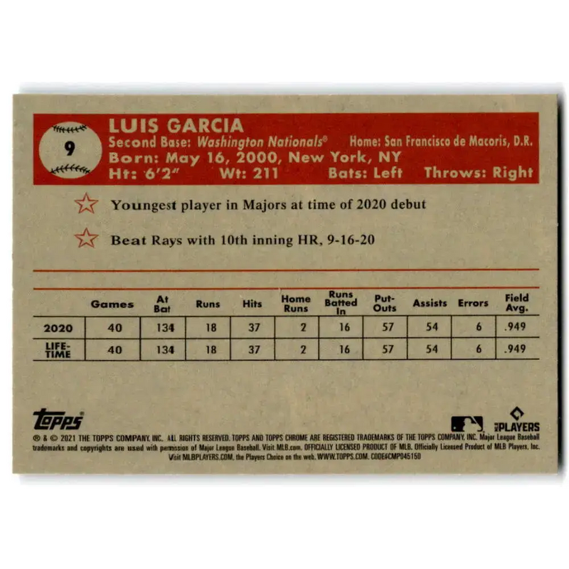 2021 Topps Chrome Platinum Anniversary #9 Luis Garcia NM-MT RC Rookie Washington Nationals Baseball Card - Baseball