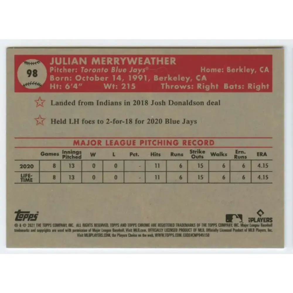 2021 Topps Chrome Platinum Anniversary #98 Julian Merryweather NM-MT RC Rookie Toronto Blue Jays Baseball Card