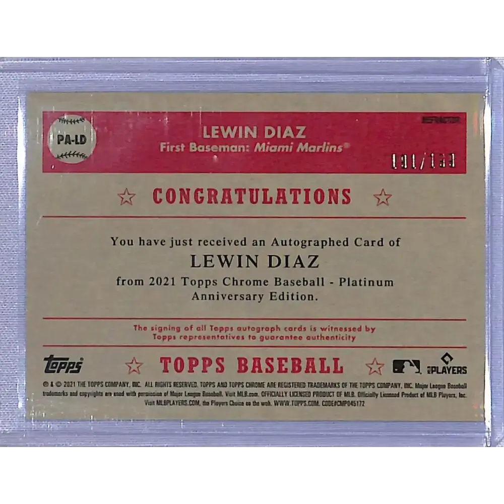 2021 Topps Chrome Platinum Anniversary #PA-LD Lewin Diaz NM-MT Auto 191/199 Miami Marlins - Baseball Card Single