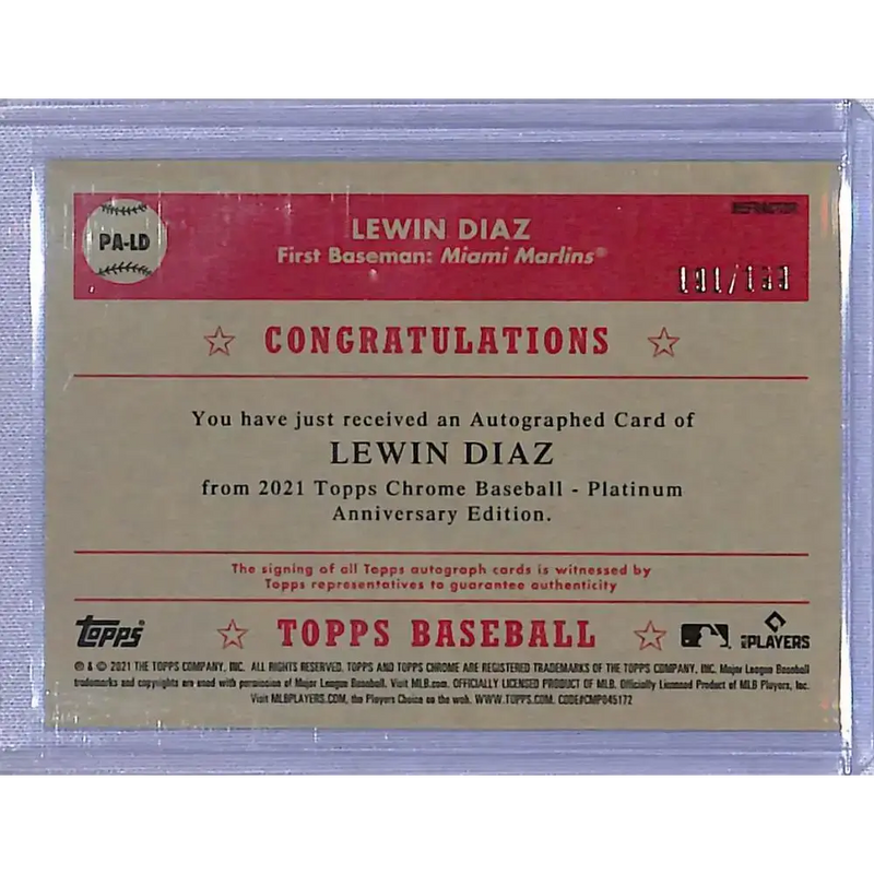 2021 Topps Chrome Platinum Anniversary #PA-LD Lewin Diaz NM-MT Auto 191/199 Miami Marlins - Baseball Card Single