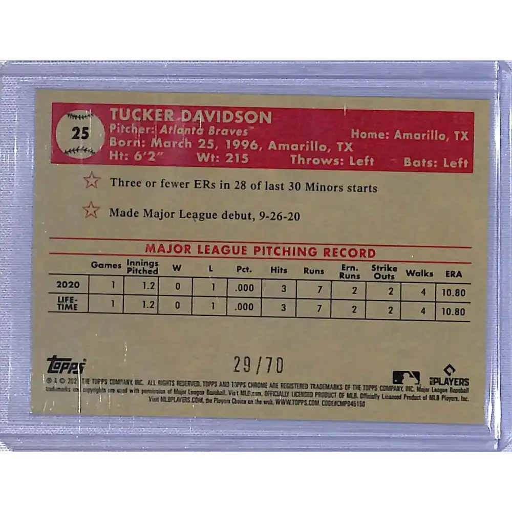 2021 Topps Chrome Platinum Anniversary Refractor Platinum 70th Mini-Diamonds #25 Tucker Davidson NM-MT RC Rookie 29/70