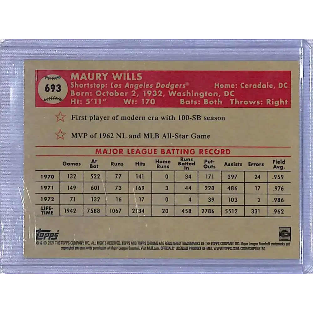 2021 Topps Chrome Platinum Anniversary Refractor Aqua Wave #693 Maury Wills NM-MT Los Angeles Dodgers - Baseball Card