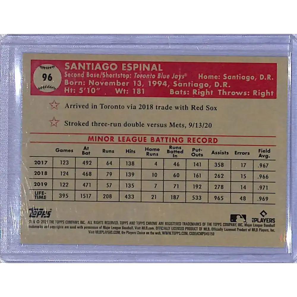 2021 Topps Chrome Platinum Anniversary Refractor Aqua Wave #96 Santiago Espinal NM-MT RC - Baseball Card Single