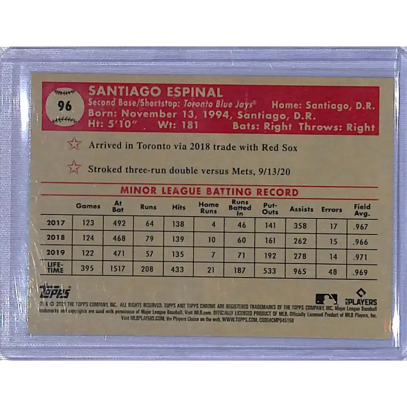 2021 Topps Chrome Platinum Anniversary Refractor Aqua Wave #96 Santiago Espinal NM-MT RC - Baseball Card Single