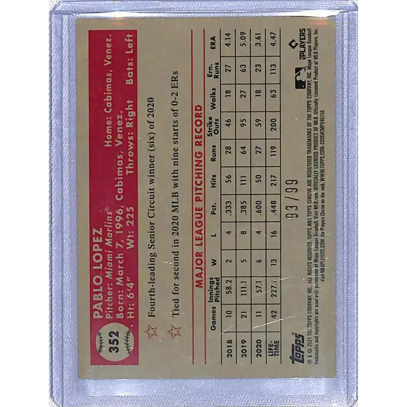 2021 Topps Chrome Platinum Anniversary Refractor Green/Yellow 70th #352 Pablo Lopez NM-MT 93/99 Miami Marlins Baseball