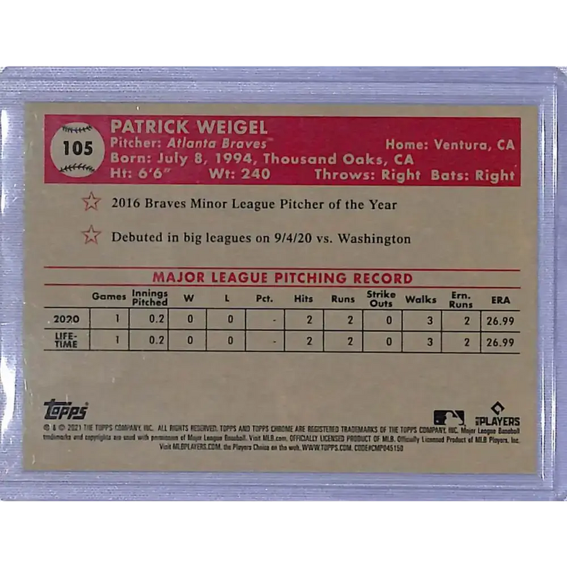 2021 Topps Chrome Platinum Anniversary Refractor Prism #105 Patrick Weigel NM-MT RC Rookie Atlanta Braves - Baseball