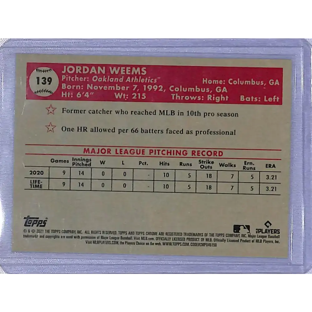 2021 Topps Chrome Platinum Anniversary Refractor Prism #139 Jordan Weems NM-MT RC Rookie Oakland Athletics - Baseball