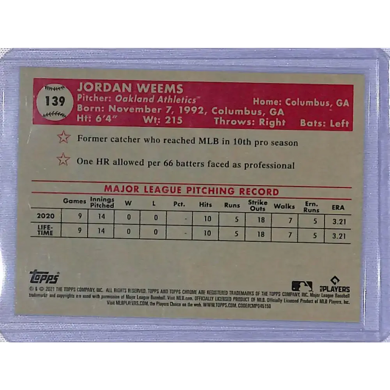 2021 Topps Chrome Platinum Anniversary Refractor Prism #139 Jordan Weems NM-MT RC Rookie Oakland Athletics - Baseball