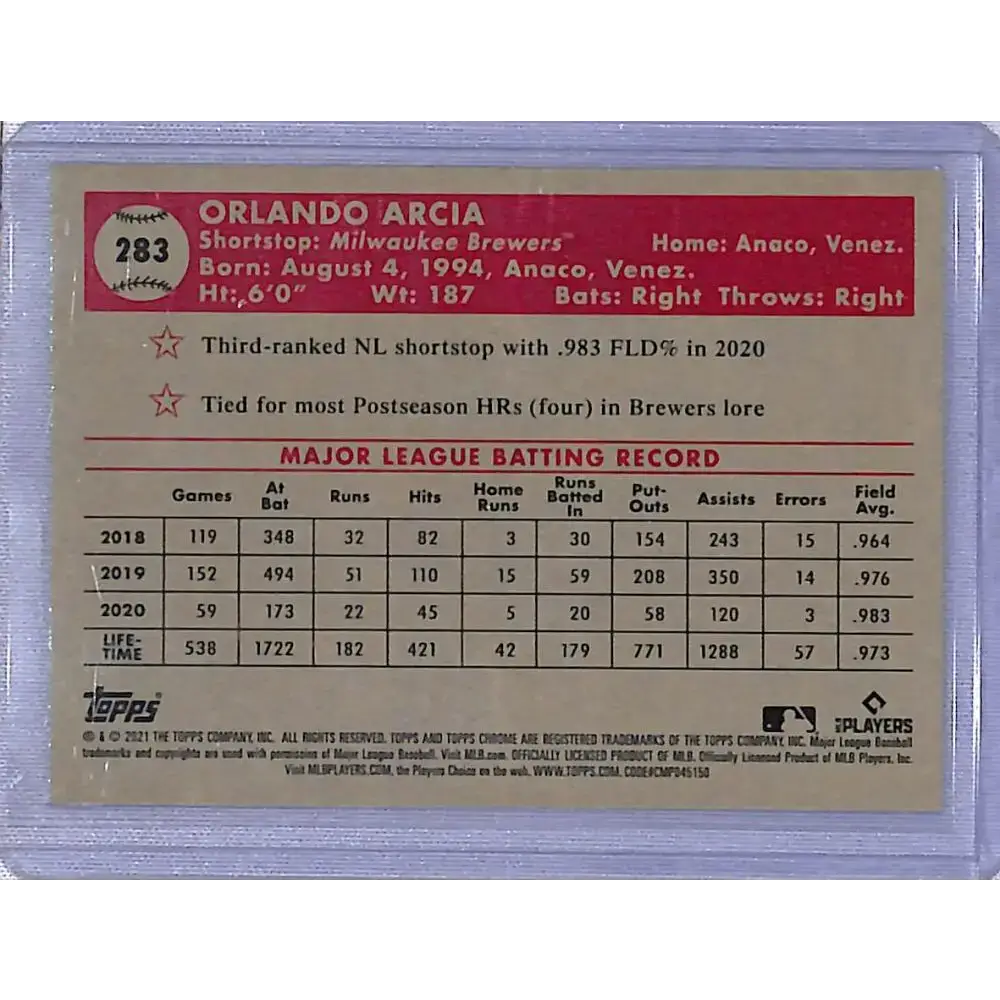 2021 Topps Chrome Platinum Anniversary Refractor Prism #283 Orlando Arcia NM-MT Milwaukee Brewers - Baseball Card Single