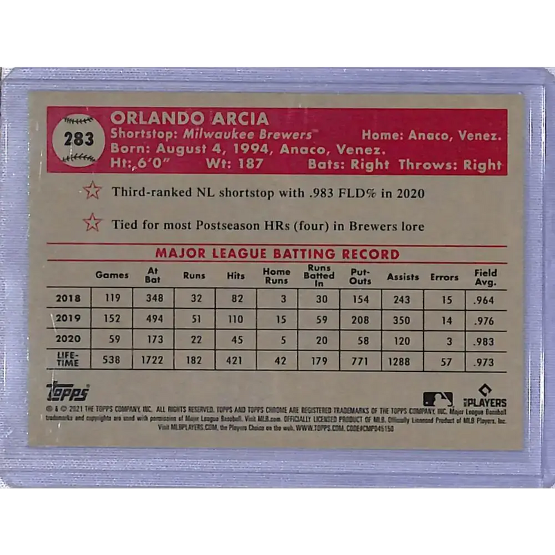 2021 Topps Chrome Platinum Anniversary Refractor Prism #283 Orlando Arcia NM-MT Milwaukee Brewers - Baseball Card Single