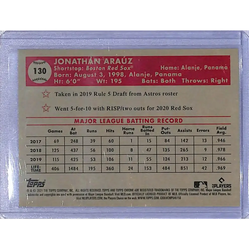 2021 Topps Chrome Platinum Anniversary Refractor Prism Blue #130 Jonathan Arauz NM-MT RC Rookie Boston Red Sox