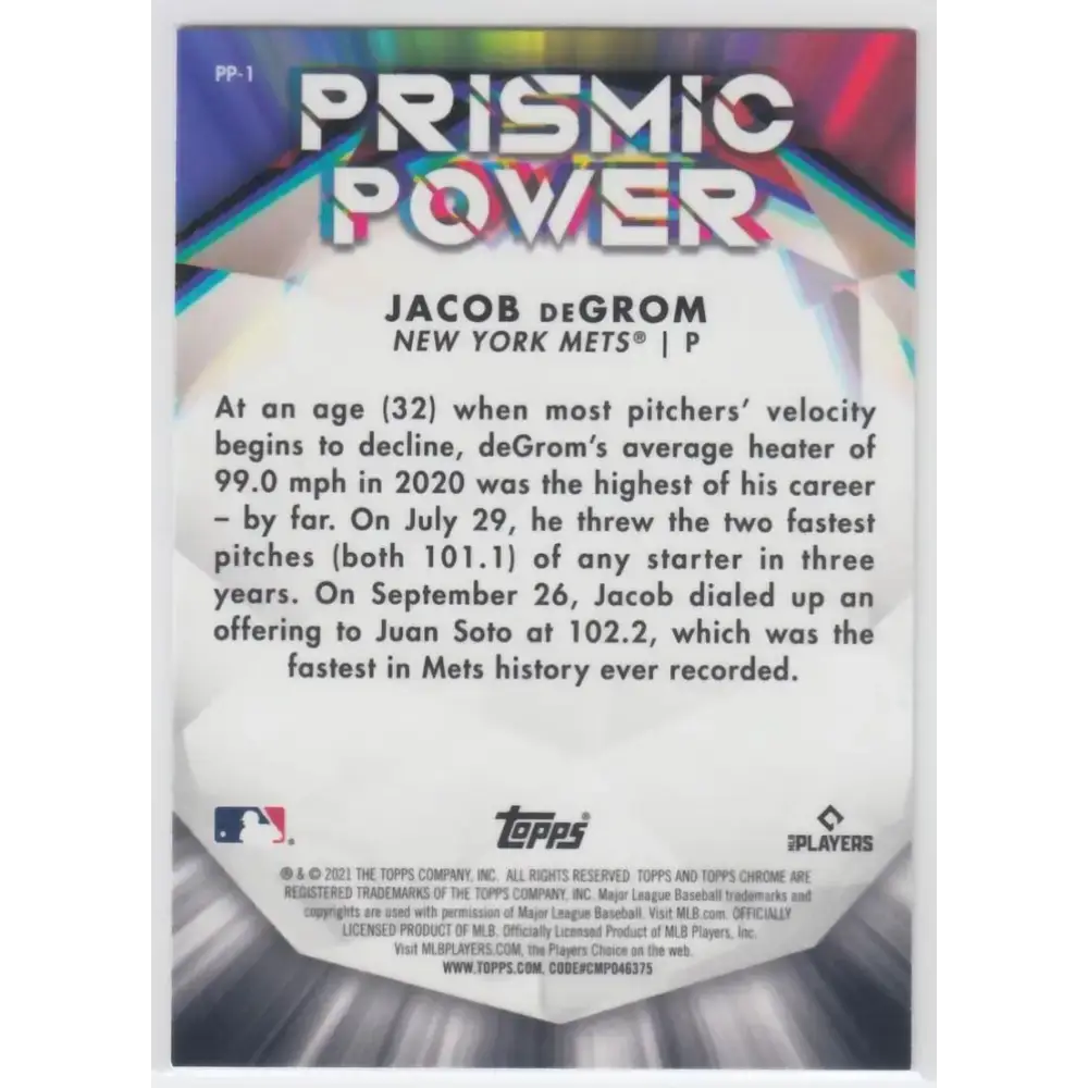 2021 Topps Chrome Prismic Power Refractor #PP-1 Jacob deGrom NM-MT New York Mets Baseball Card - Baseball Card Single