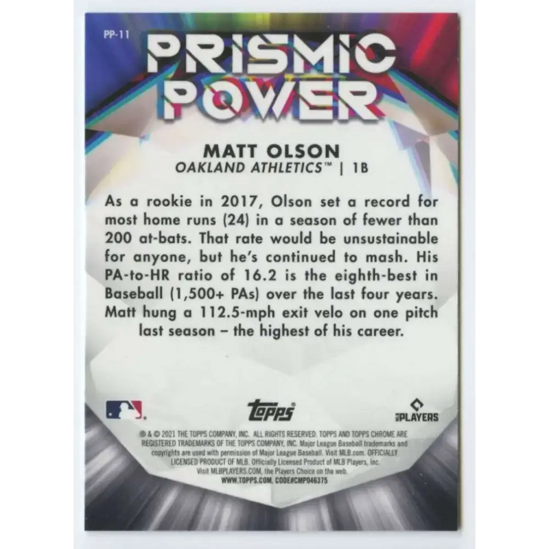2021 Topps Chrome Prismic Power Refractor #PP-11 Matt Olson NM-MT Oakland Athletics Baseball Card - Baseball Card Single