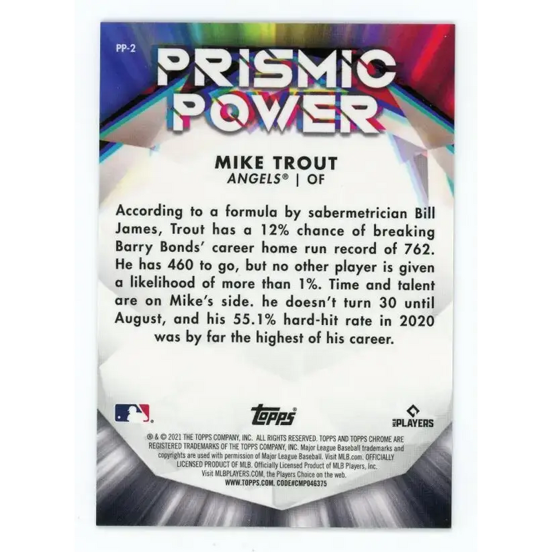 2021 Topps Chrome Prismic Power Refractor #PP-2 Mike Trout NM-MT Los Angeles Angels Baseball Card - Baseball Card Single