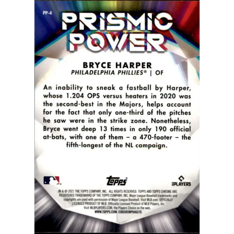 2021 Topps Chrome Prismic Power Refractor #PP-4 Bryce Harper NM-MT Philadelphia Phillies Baseball Card - Baseball Card