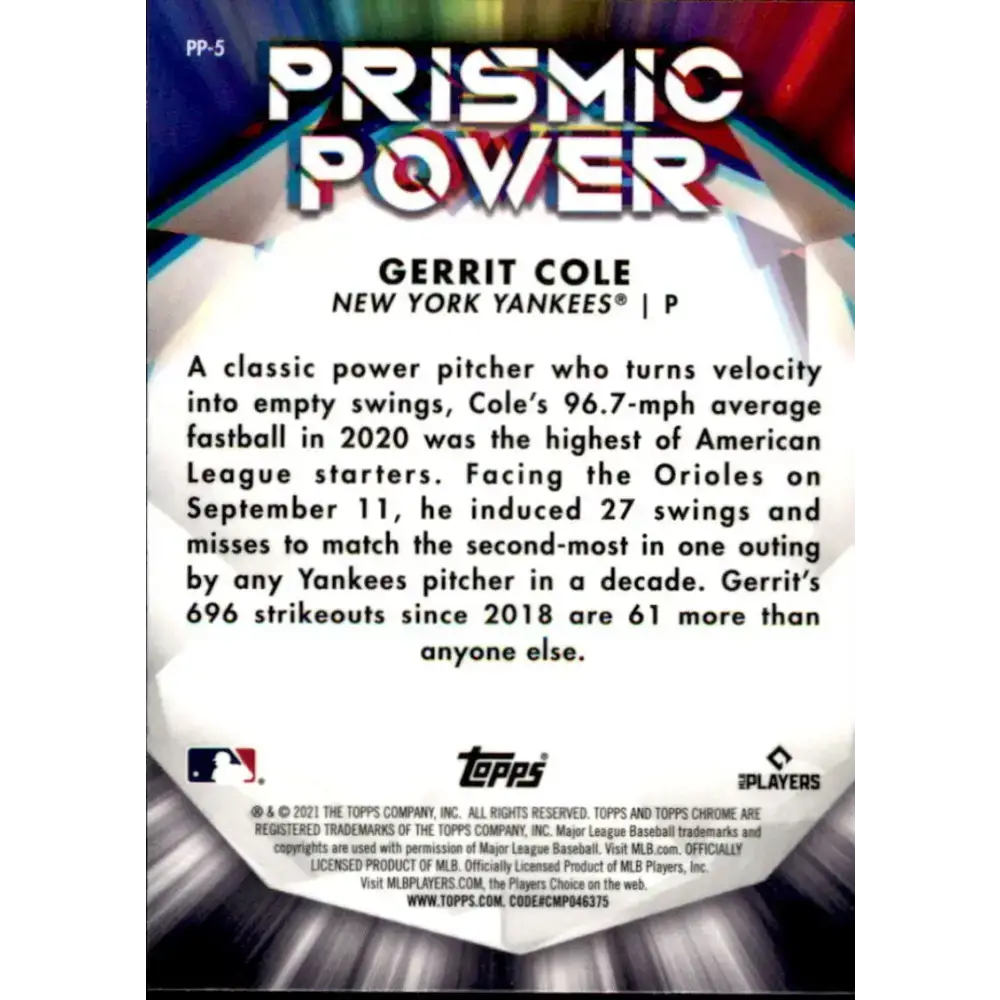 2021 Topps Chrome Prismic Power Refractor #PP-5 Gerrit Cole NM-MT New York Yankees Baseball Card - Baseball Card Single