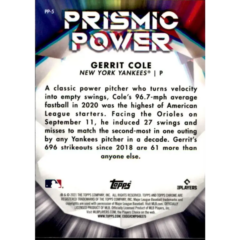 2021 Topps Chrome Prismic Power Refractor #PP-5 Gerrit Cole NM-MT New York Yankees Baseball Card - Baseball Card Single