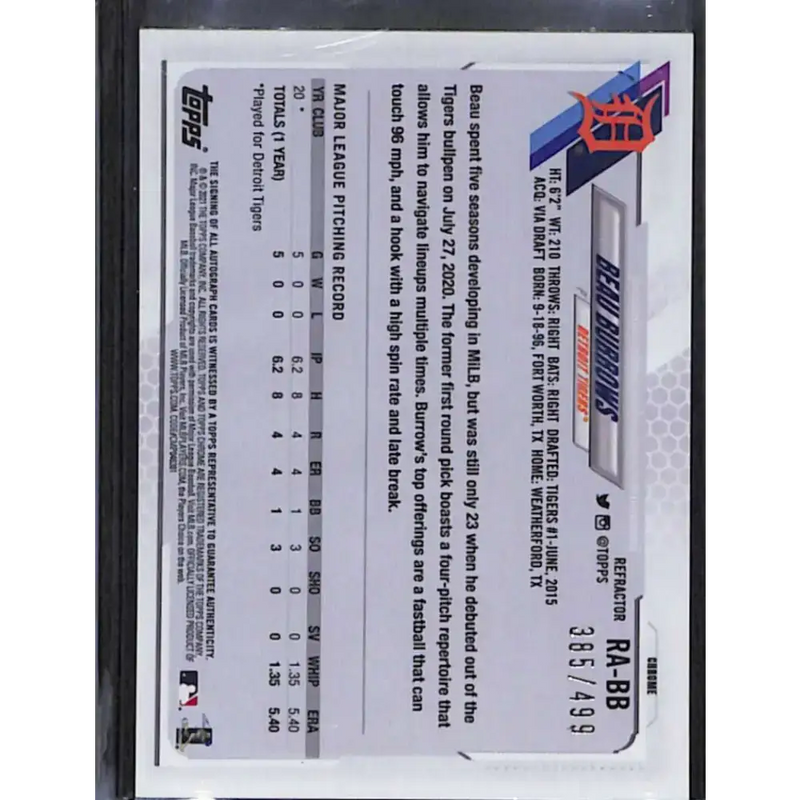 2021 Topps Chrome #RA-BB Beau Burrows Rookie Auto Refractor #/499 NM-MT Baseball Card - Baseball Card Single