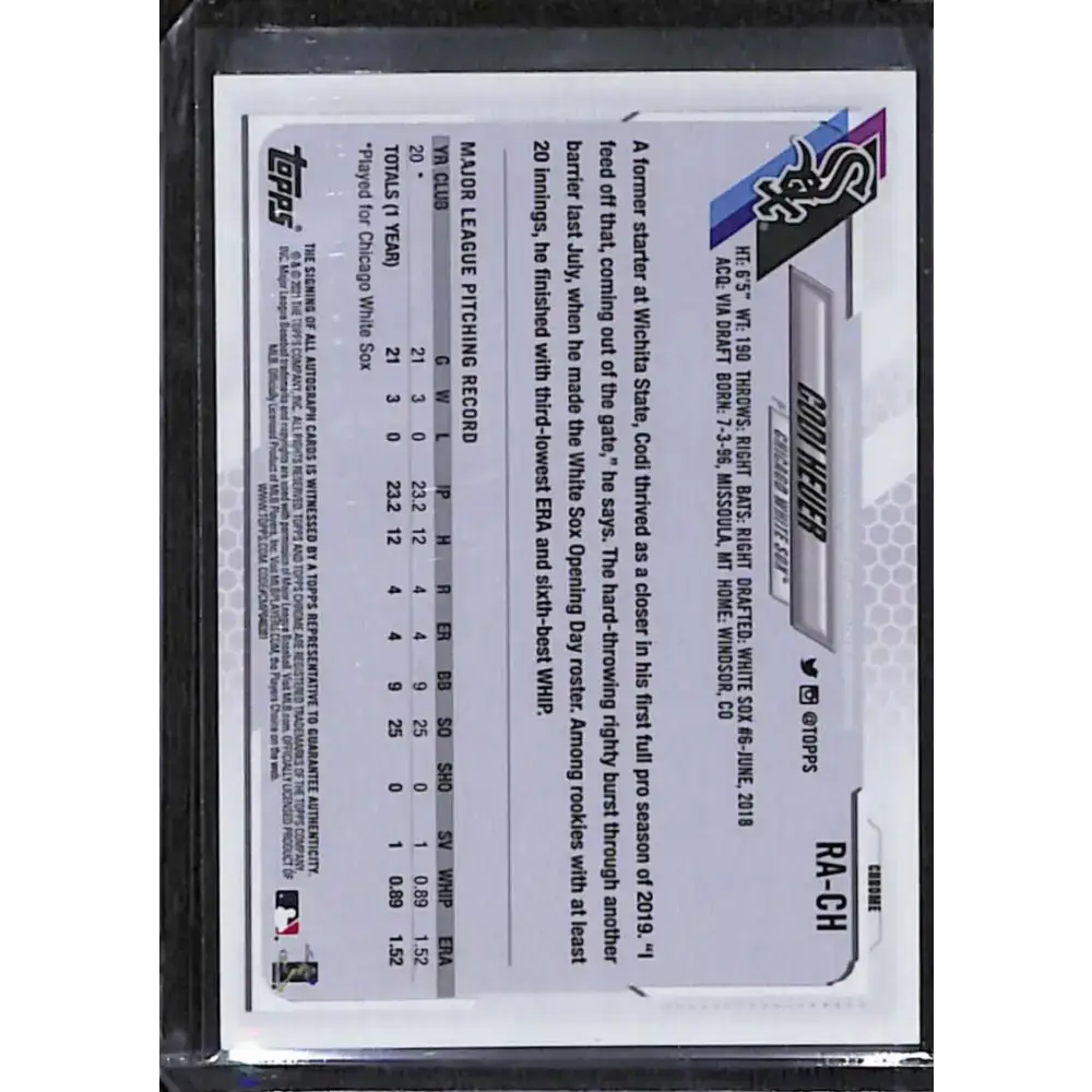 2021 Topps Chrome #RA-CH Codi Heuer Rookie Auto NM-MT Baseball Card - Baseball Card Single
