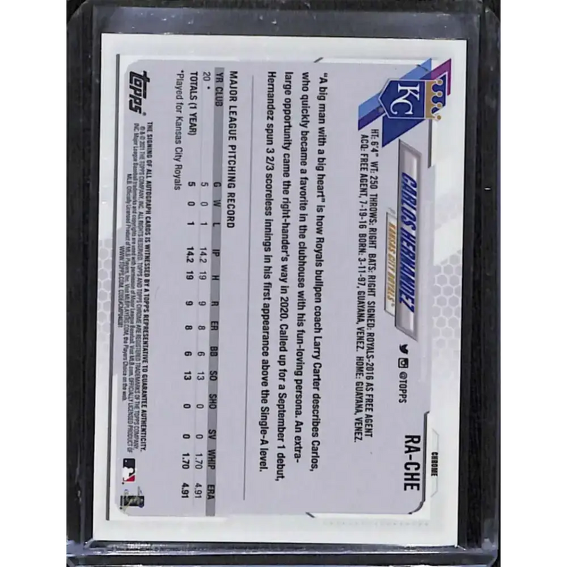 2021 Topps Chrome #RA-CHE Carlos Hernandez Rookie Auto NM-MT Baseball Card - Baseball Card Single