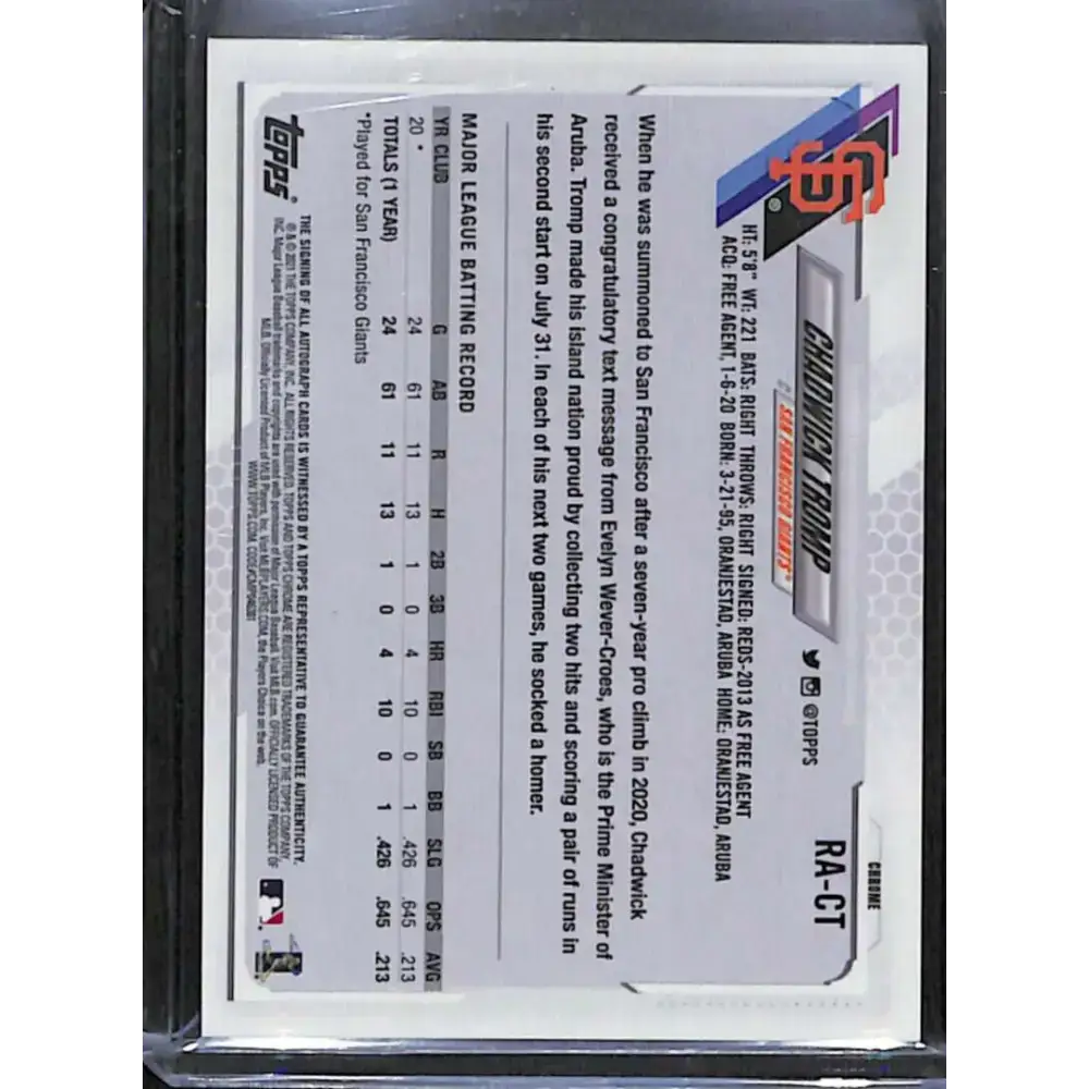2021 Topps Chrome #RA-CT Chadwick Tromp Rookie Auto NM-MT Baseball Card - Baseball Card Single