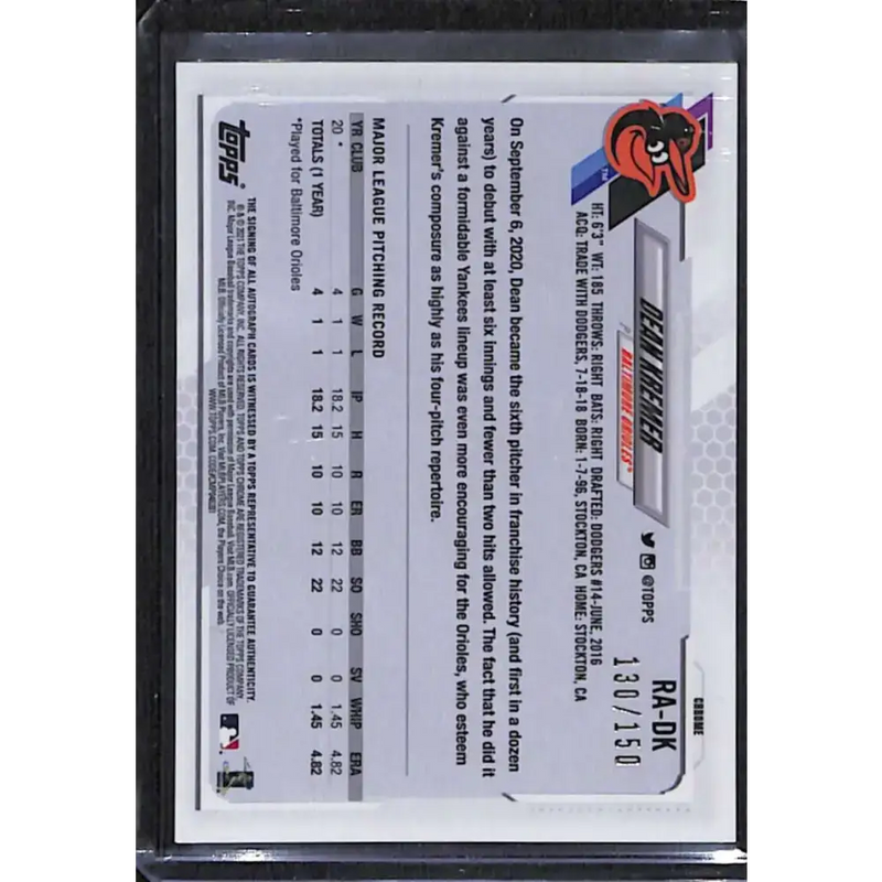 2021 Topps Chrome #RA-DK Dean Kremer #/150 Auto Orioles NM-MT Baseball Card - Baseball Card Single
