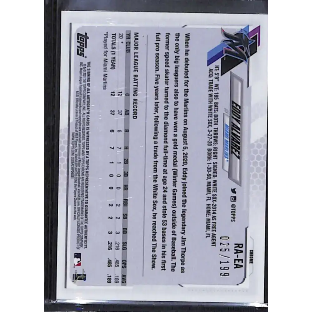 2021 Topps Chrome #RA-EA Eddy Alvarez Rookie Auto Aqua Refractor #/199 NM-MT Baseball Card - Baseball Card Single
