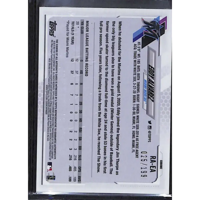 2021 Topps Chrome #RA-EA Eddy Alvarez Rookie Auto Aqua Refractor #/199 NM-MT Baseball Card - Baseball Card Single
