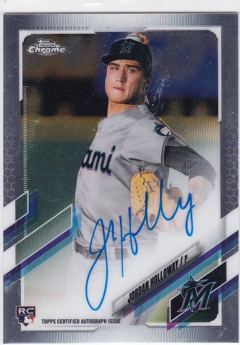 Signed Jordan Holloway Auto RC Miami Marlins baseball card with chrome-style border