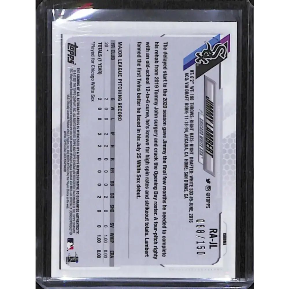 2021 Topps Chrome #RA-JL Jimmy Lambert Rookie Auto Blue Wave Refractor #/150 NM-MT Baseball Card - Baseball Card Single
