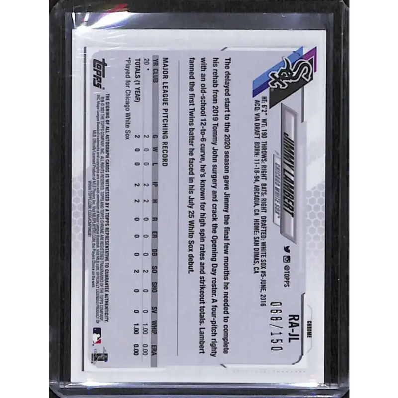 2021 Topps Chrome #RA-JL Jimmy Lambert Rookie Auto Blue Wave Refractor #/150 NM-MT Baseball Card - Baseball Card Single