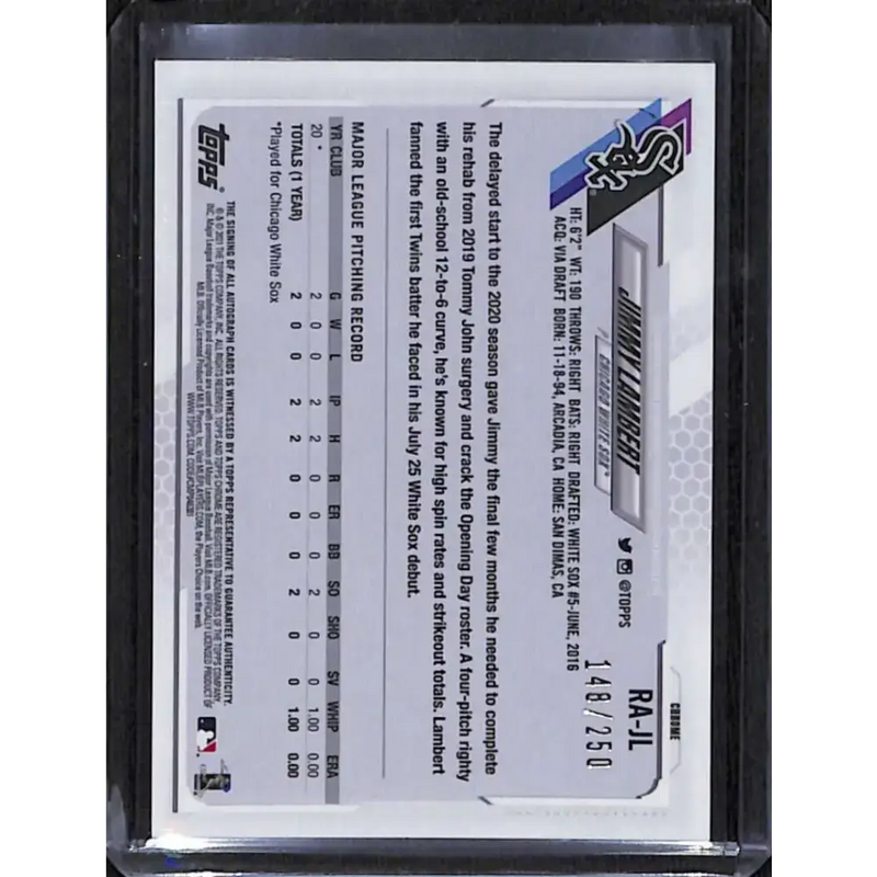 2021 Topps Chrome #RA-JL Jimmy Lambert Rookie Auto Purple Refractor #/250 NM-MT Baseball Card - Baseball Card Single