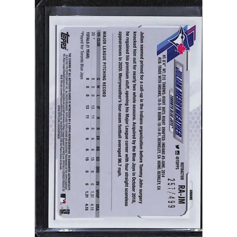 2021 Topps Chrome #RA-JM Julian Merryweather Rookie Auto NM-MT Baseball Card - Baseball Card Single