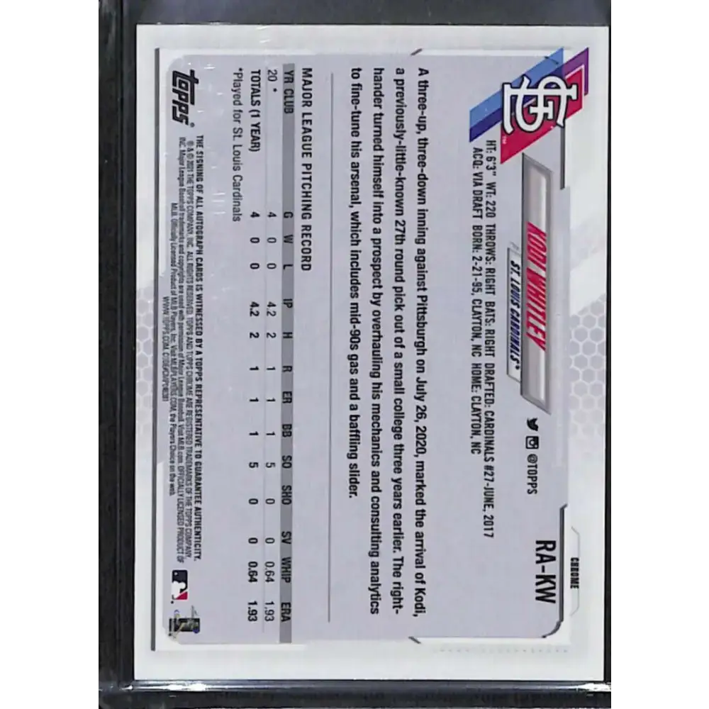 2021 Topps Chrome #RA-KW Kodi Whitley Rookie Auto NM-MT Baseball Card - Baseball Card Single
