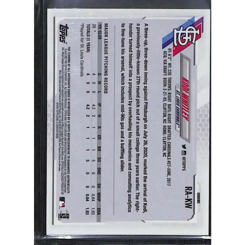 2021 Topps Chrome #RA-KW Kodi Whitley Rookie Auto NM-MT Baseball Card - Baseball Card Single