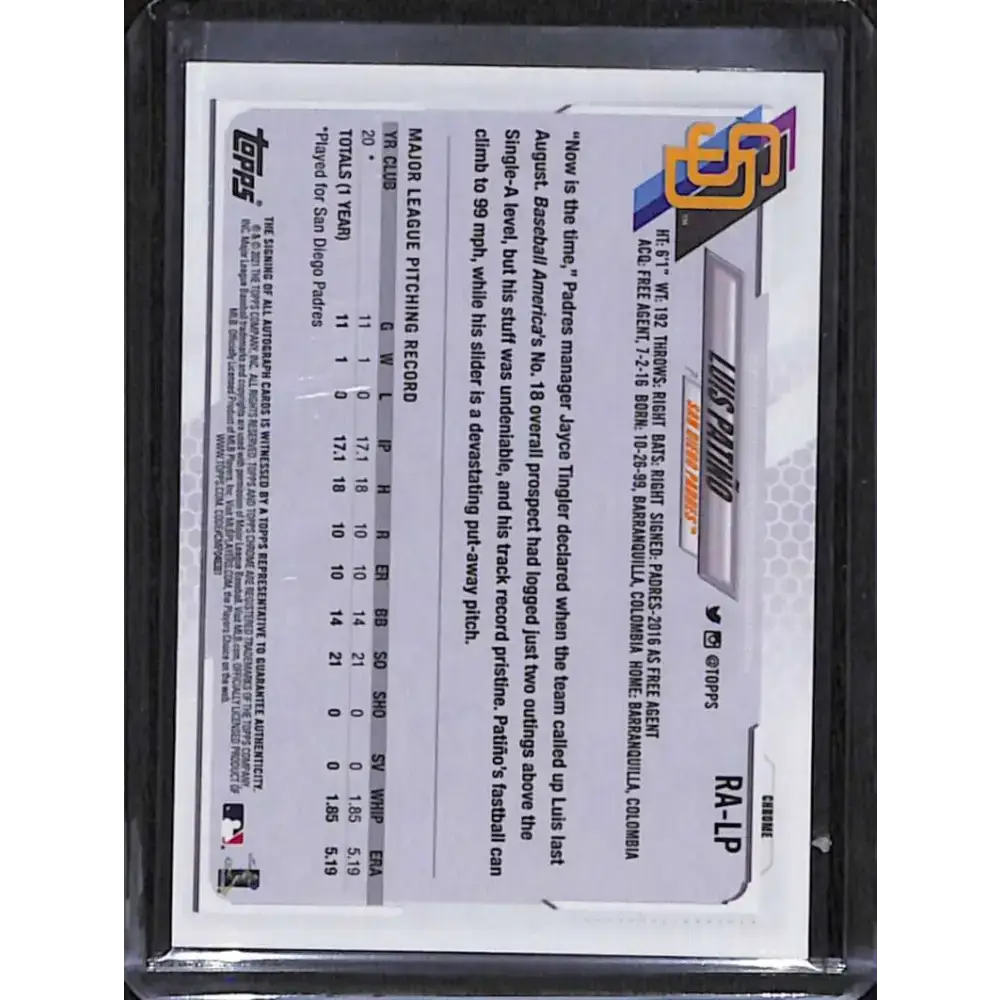 2021 Topps Chrome #RA-LP Luis PatiÃ±o Rookie Auto NM-MT Baseball Card - Baseball Card Single