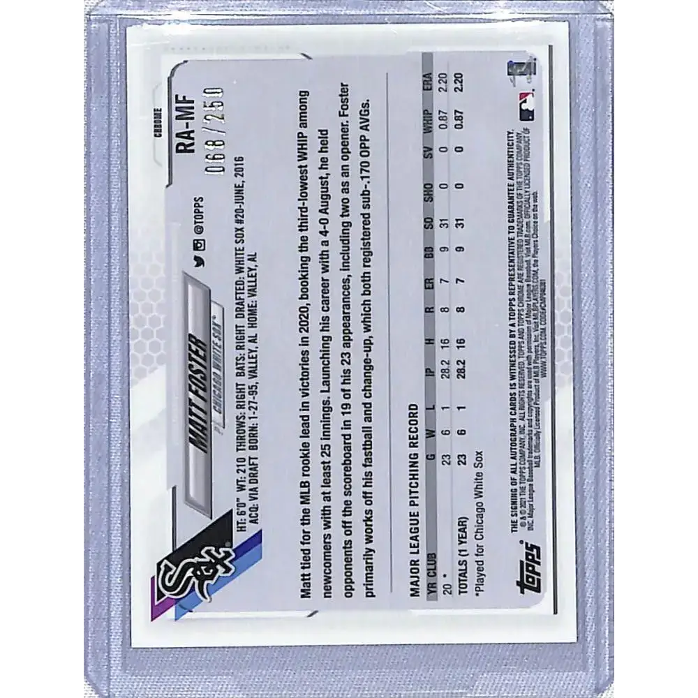 2021 Topps Chrome #RA-MF Matt Foster NM-MT RC Rookie Auto 068/250 Chicago White Sox Baseball Card - Baseball Card Single
