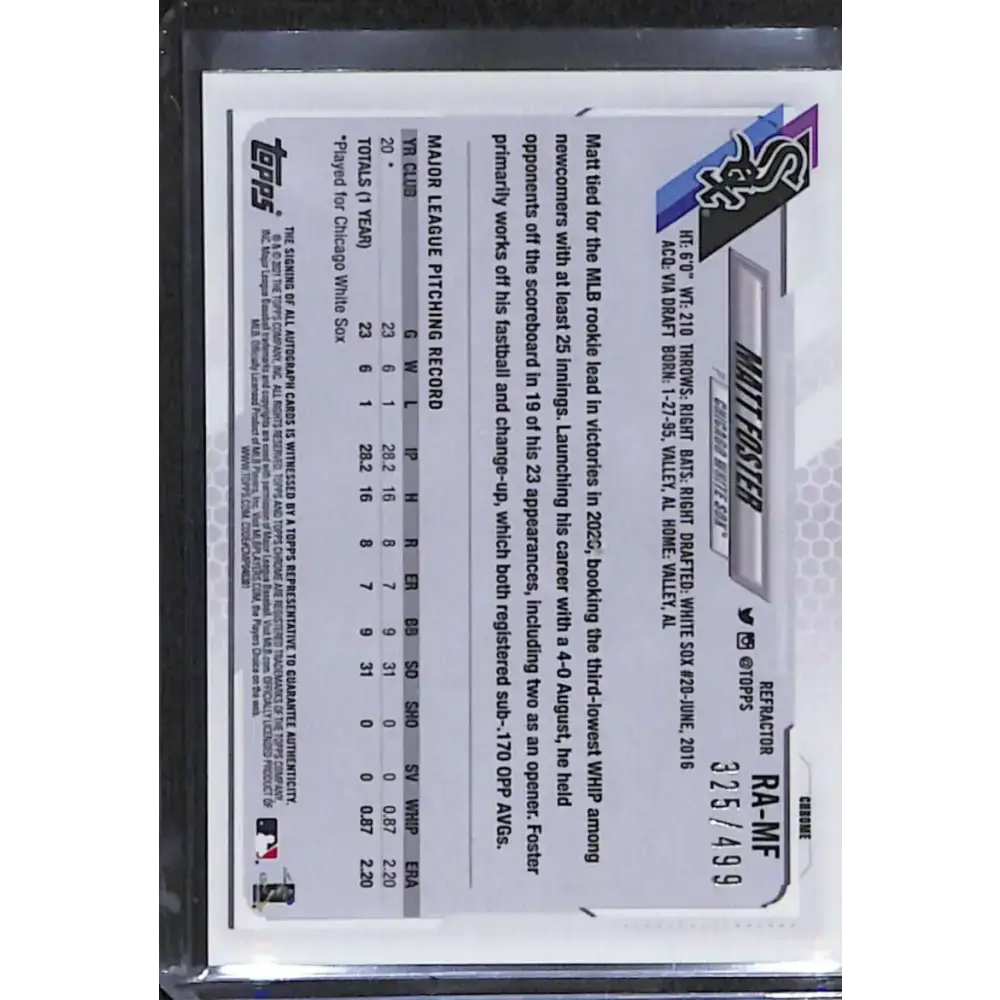 2021 Topps Chrome #RA-MF Matt Foster Rookie Auto NM-MT Baseball Card - Baseball Card Single
