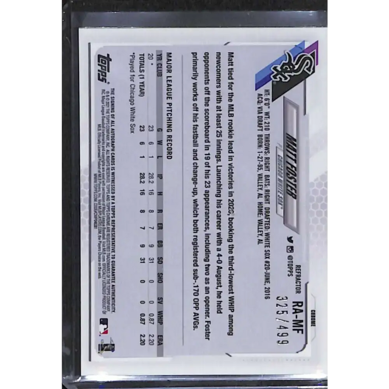 2021 Topps Chrome #RA-MF Matt Foster Rookie Auto NM-MT Baseball Card - Baseball Card Single