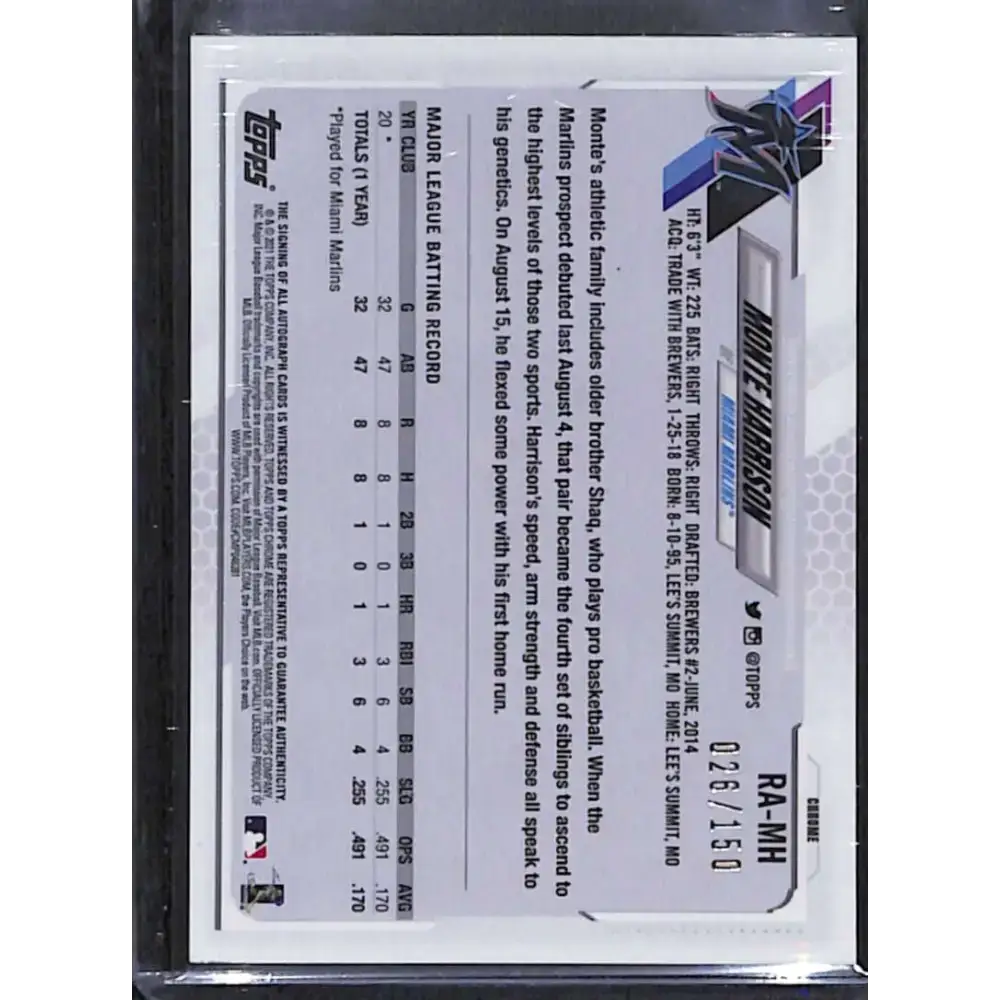 2021 Topps Chrome #RA-MH Monte Harrison Rookie Auto Blue Refractor #/150 NM-MT Baseball Card - Baseball Card Single