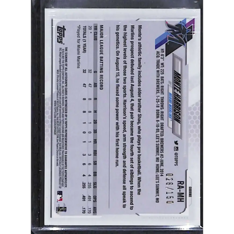 2021 Topps Chrome #RA-MH Monte Harrison Rookie Auto Blue Refractor #/150 NM-MT Baseball Card - Baseball Card Single
